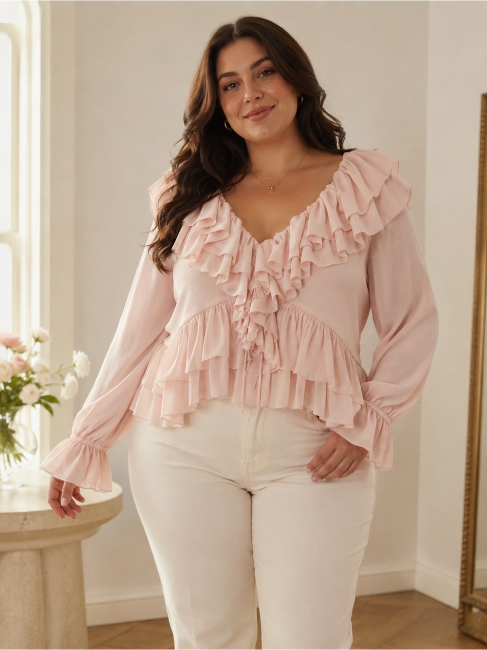 Torn by Ronny Kobo Size Medium Blush Pink Ruffle Blouse | Romantic Statement Top